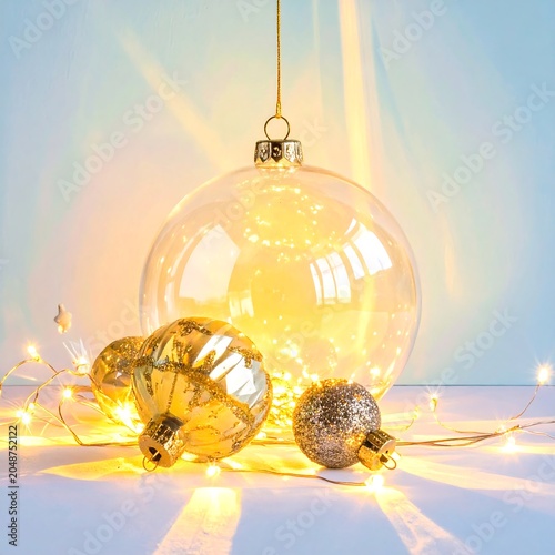 Golden balloon with confetti and ribbons floating indoors.