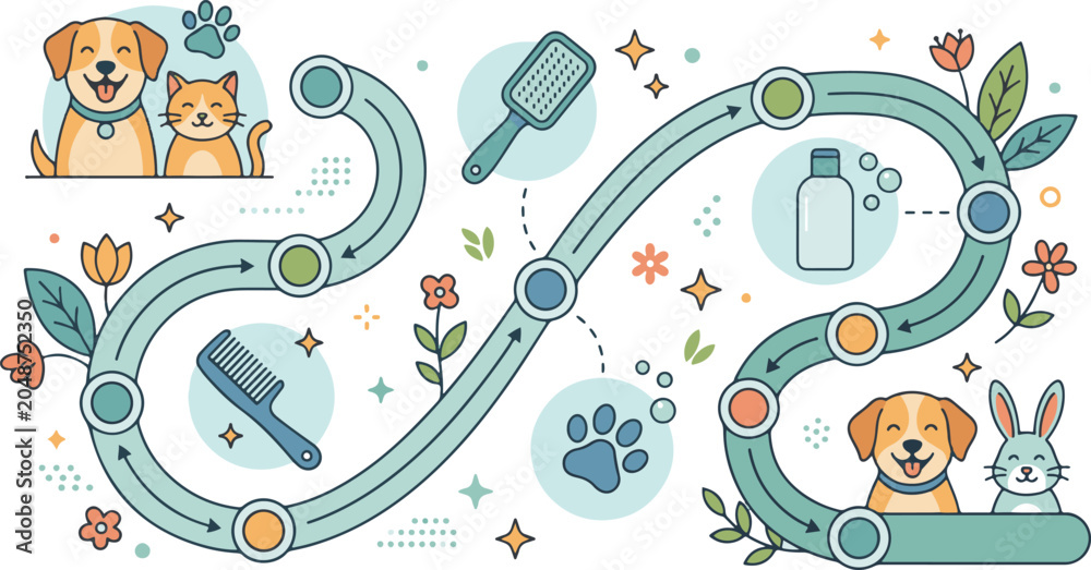 Fototapeta premium Pet grooming process infographic with animals and tools