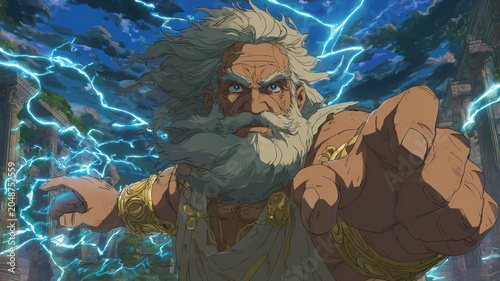 Greek mythology sea god Poseidon. Fantasy. A vivid illustration depicts an ancient Greek or Roman deity, likely a god or warrior, in a dynamic pose. He has a long.