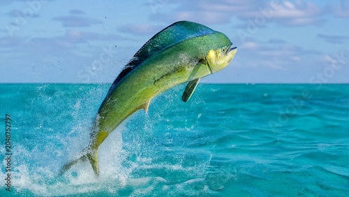 A mahi-mahi fish leaping from turquoise ocean waves, its body glistening with iridescent scales.