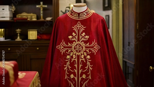 A deep red silk vestment with gold embroidery in a quiet church room.