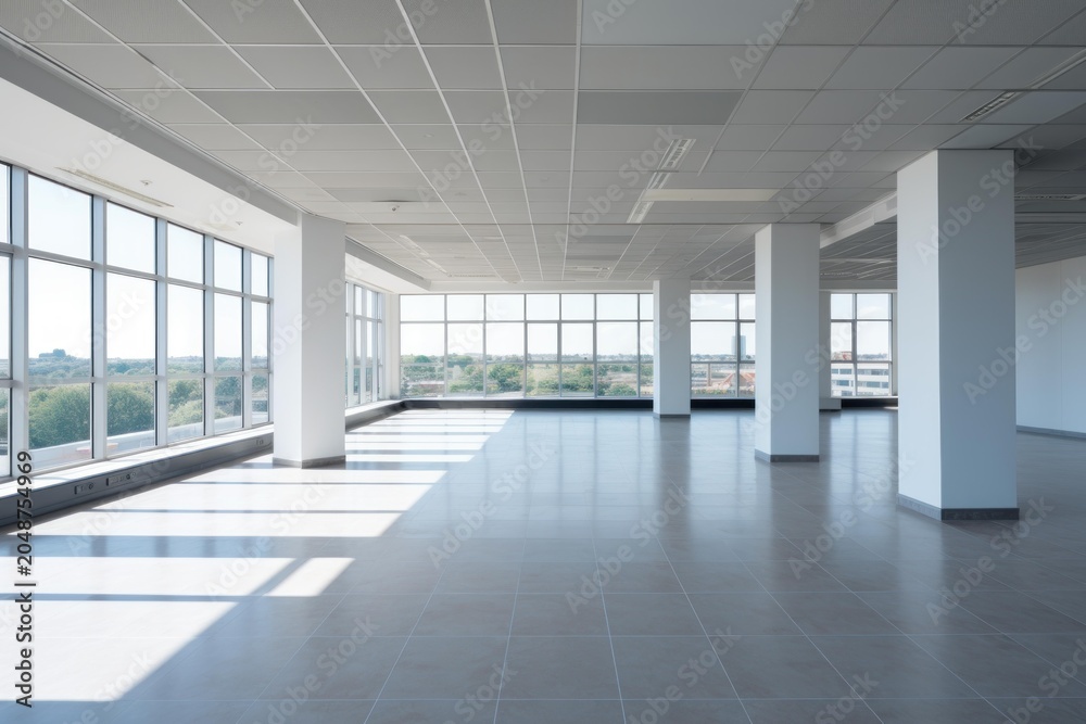 Naklejka premium Expansive vacant commercial interior featuring natural light streaming through floor to ceiling windows