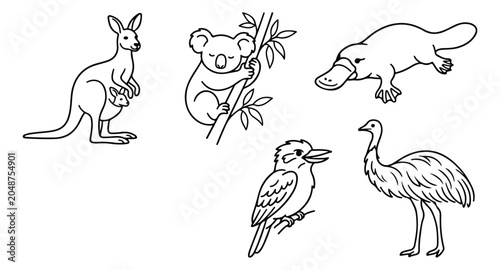 Fotografie Australian animals line art collection, 5 vector icons of kangaroo koala platypu