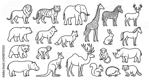 Photography Minimalist wild animal line art collection, set of 22 zoo and safari animal icon