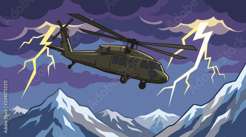 Military helicopter flies through stormy weather with lightning over snowy mountains