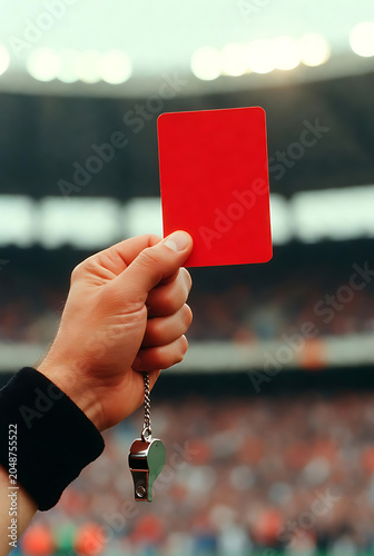 Hand Holding Red Ticket Card in Stadium Background with Blurred Seats and Lights for Sports Event Entry Concept