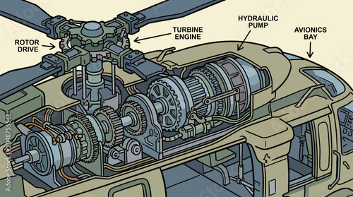 Detailed illustration of a helicopter's engine and turbine system