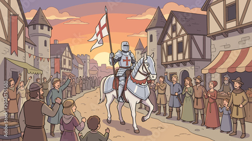 A knight on horseback rides through a medieval town square surrounded by people