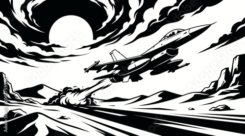 A fighter jet takes off from a desert runway at sunset with mountains.