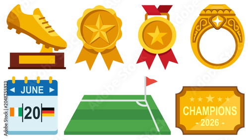 Canvastavla Football championship award vector icon set with golden boot, medal, ring and tournament calendar