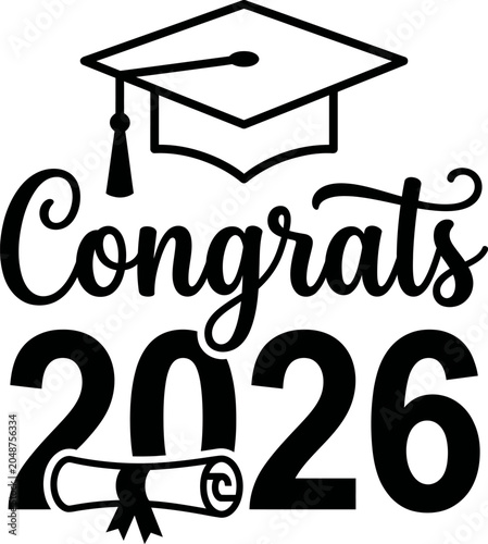 Photos Graduation cap and congratulatory text with diploma and year twenty twenty six