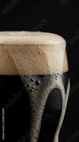 Close-up, Foam slowly dripping down the side of the glass, bubbles gently popping in the frothy head, subtle realistic motion