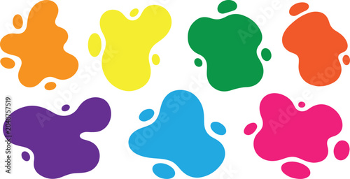 A collection of vibrant, colorful abstract organic liquid blob shapes and paint splats on a solid white background.