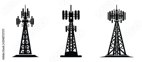 Slika na platnu Three distinct telecommunication tower silhouettes an illustration of modern wir
