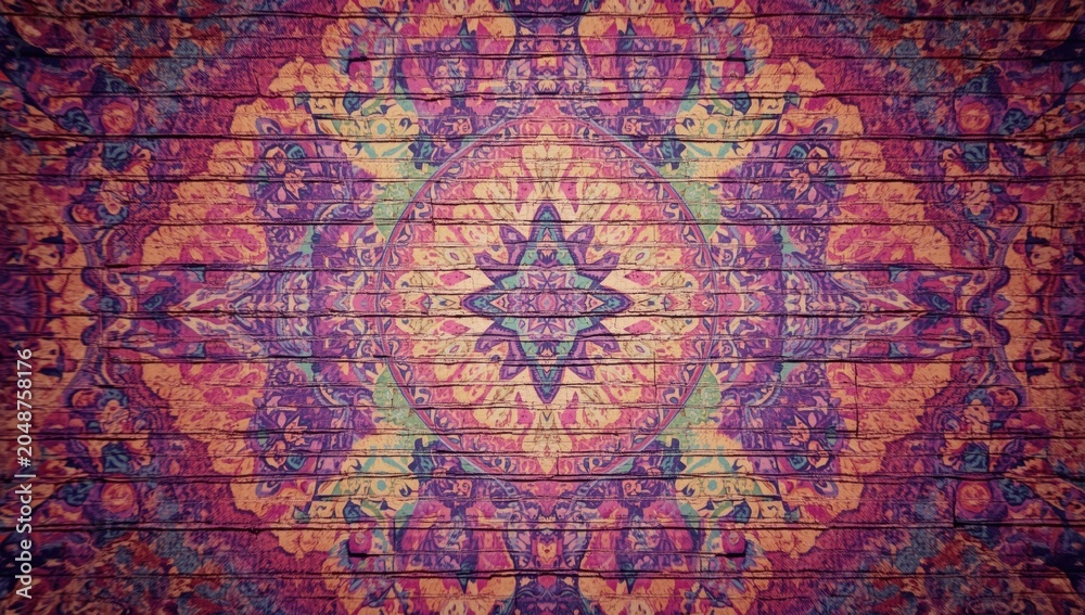 Fototapeta premium Vivid psychedelic design covering a colorful brick wall texture background