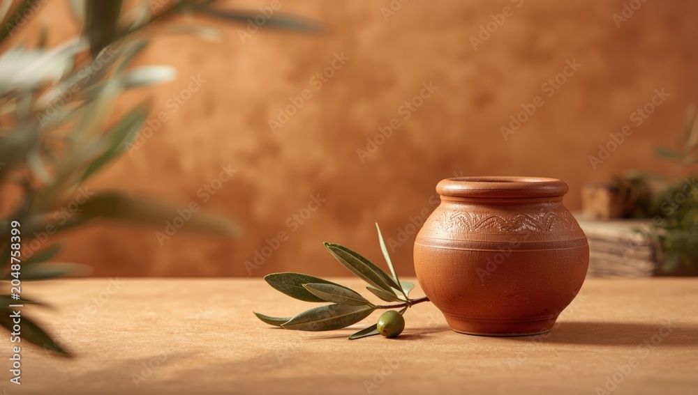 Obraz premium Traditional olive oil container with fresh olive branch positioned on ocher backdrop with text area