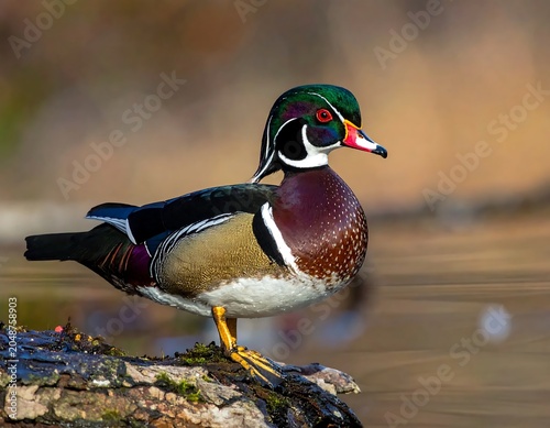 Vibrant green and purple duck swimming in pond.
