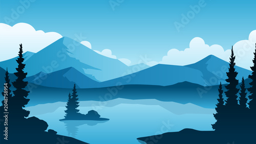 Mountain landscape illustration with lake and pine forest