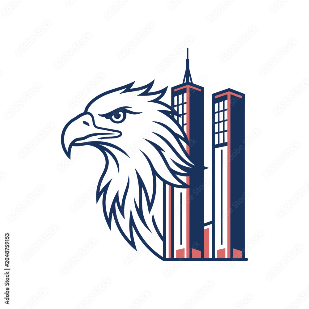 Fototapeta premium Patriotic Eagle Head and Twin Skyscrapers Vector Logo
