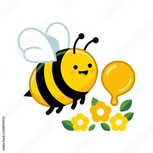 Cute Cartoon Bee with Honey Drop and Yellow Flowers