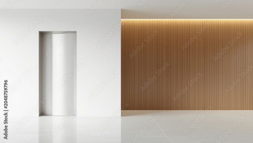 Fototapeta premium Sleek white interior design featuring opening folding door and copy space background with wooden wall
