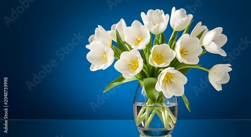 Vibrant bouquet of fresh white tulips in a clear glass vase, beautifully arranged against a rich, deep blue backdrop