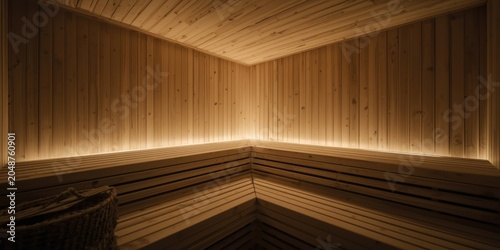 Spacious sauna setting with clean wood finishes and mellow light