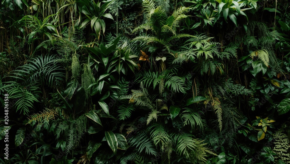 Fototapeta premium vertical greenery display with tropical ferns and epiphytes on a soft black backdrop