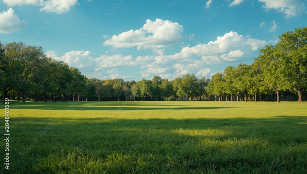 Obraz premium Vibrant outdoor setting showing a wide grassy ground with tall tree borders on a summer day