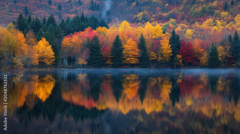 Obraz premium A serene lake with colorful autumn trees surrounding it, their reflections shimmering on the water