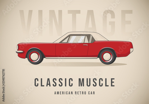 A vintage red muscle car illustration, showcasing classic American automotive design with retro flair.