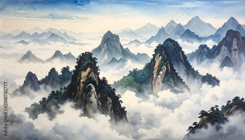 Majestic jagged mountain peaks rise gracefully above a thick blanket of soft white clouds in this serene traditional ink wash painting style landscape featuring lush greenery and distant misty horizon