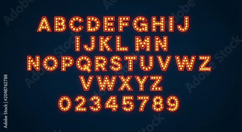 Alphabet and numbers made of bright light bulbs on dark background with alphabet