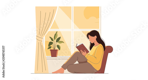 Woman Reading Book by Window, Cozy Afternoon, Natural Light, Home Relaxation