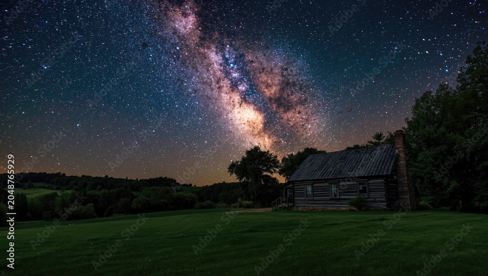 Obraz premium Tranquil rural cabin featuring a radiant Milky Way and night sky shooting stars