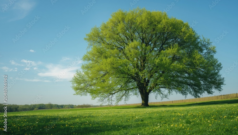 Obraz premium Majestic tree in full leaf surrounded by vibrant spring meadow greenery under blue sky