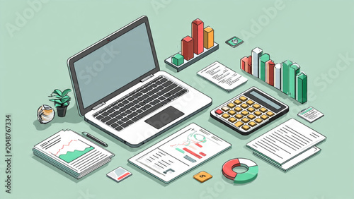 Modern workspace with laptop financial charts calculator and reports in vibrant colors