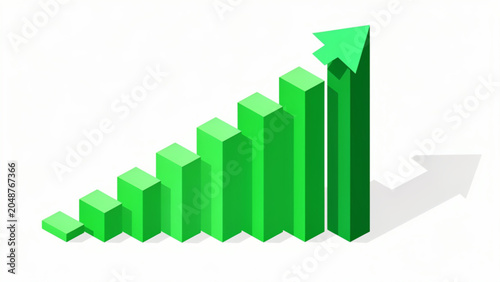 3D Green Bar Graph with Upward Arrow Showing Growth and Success for Business