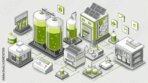 Futuristic Eco-Friendly Factory Setup with Green Energy Storage and Processing