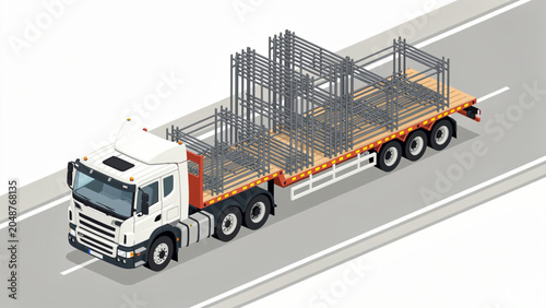 Heavy-duty flatbed truck transporting steel reinforcement bars on highway during daytime