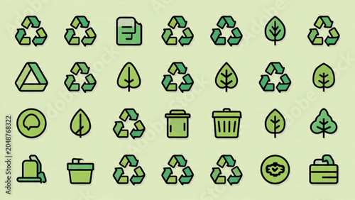 Set of eco-friendly recycling icons in green with symbols for waste management and sustainability
