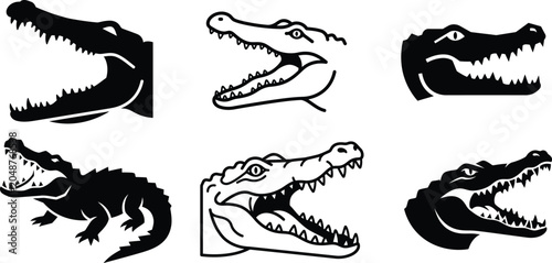 Schilderij op canvas Six different crocodile head silhouettes and illustrations in various styles and