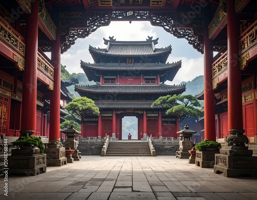 Traditional Japanese temple gate lantern at dusk.