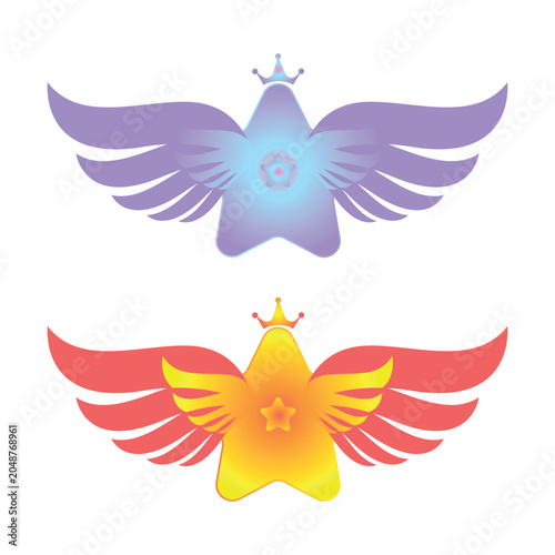 Colorful Winged Star Emblems With Crown Badges — Gradient Royal Star Logos In Purple And Yellow