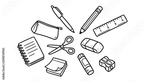 Φωτογραφία Stationery Assortment: A collection of essential writing and drawing tools, including pens, pencils, scissors, rulers, erasers, and sharpeners, arranged artfully