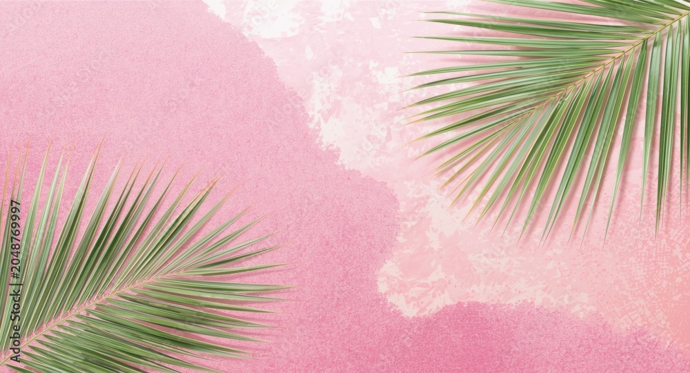 Fototapeta premium Summer tropical background with light green palm leaves and pink abstract design