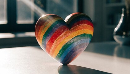 Vibrant Rainbow Colored Wooden Heart on a Clean White Desk Representing Love and Diversity for LGBTQ Pride Month Celebrations and Inclusive Corporate Culture Concepts in Highly Detailed Detail.