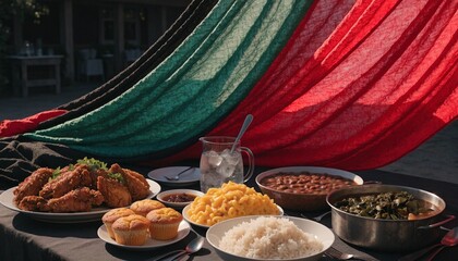 Juneteenth Freedom Day celebration with a vibrant soul food feast on a table draped in Pan-African colors of red, green, and black, featuring traditional dishes in a warm and inviting setting.