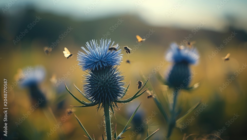 Fototapeta premium Rugged wild thistle Echinops ritro with spiky blue flower heads attracting insects