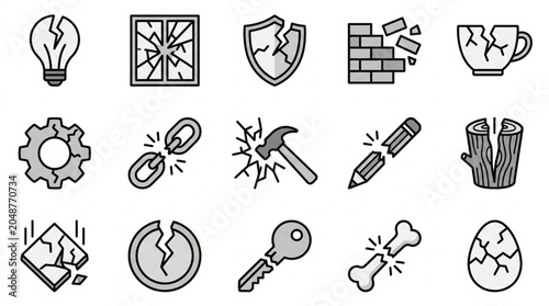 Foto Collection of broken objects and symbols representing damage and failure